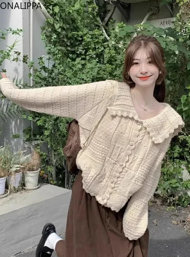 Onalippa 여성용 부드러운 바람 솔리드 니트 가디건, 피터팬 칼라, 싱글 브레스트 가디건, 한국 패션, 시크한 디자인 스웨터