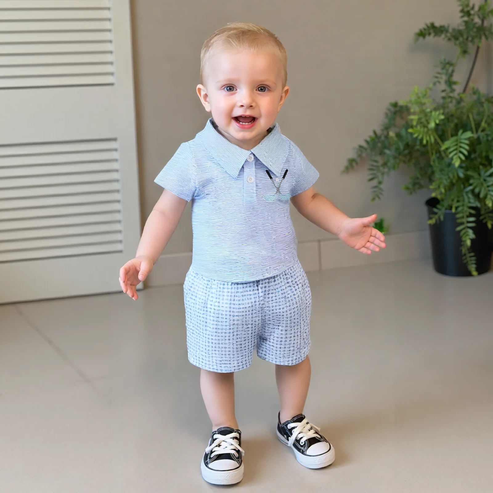 Toddler Baby Boys Summer T-Shirts Striped Golf Pattern Button Turn-Down Collar Short Sleeve Casual T-Shirts Tops Boys Clothes