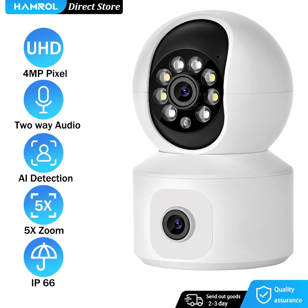 HAMROL 4MP Dual Lens WiFi Camera Dual Screen Baby Monitor Motion Detection Two Way Audio Indoor secuiryt CCTV Video Surveillance cctv camera tester ipc 1800cadh plus 4inch touch screen monitor support upt to 4k h 265 ip camera ahd tvi cvi