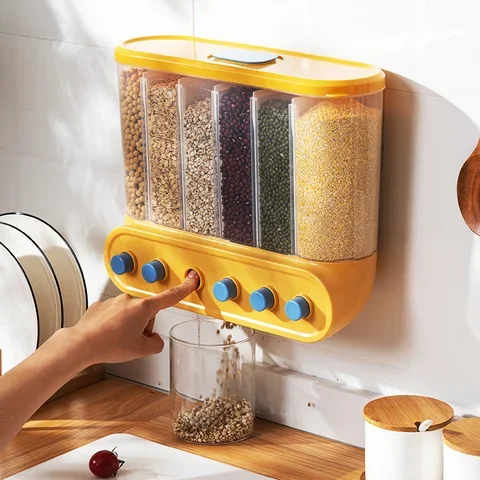 

Wall Mounted Cereals Dispenser Kitchen Food Storage Containers Rice Grains Dispenser Transparent Separate Sealed Storage Jars