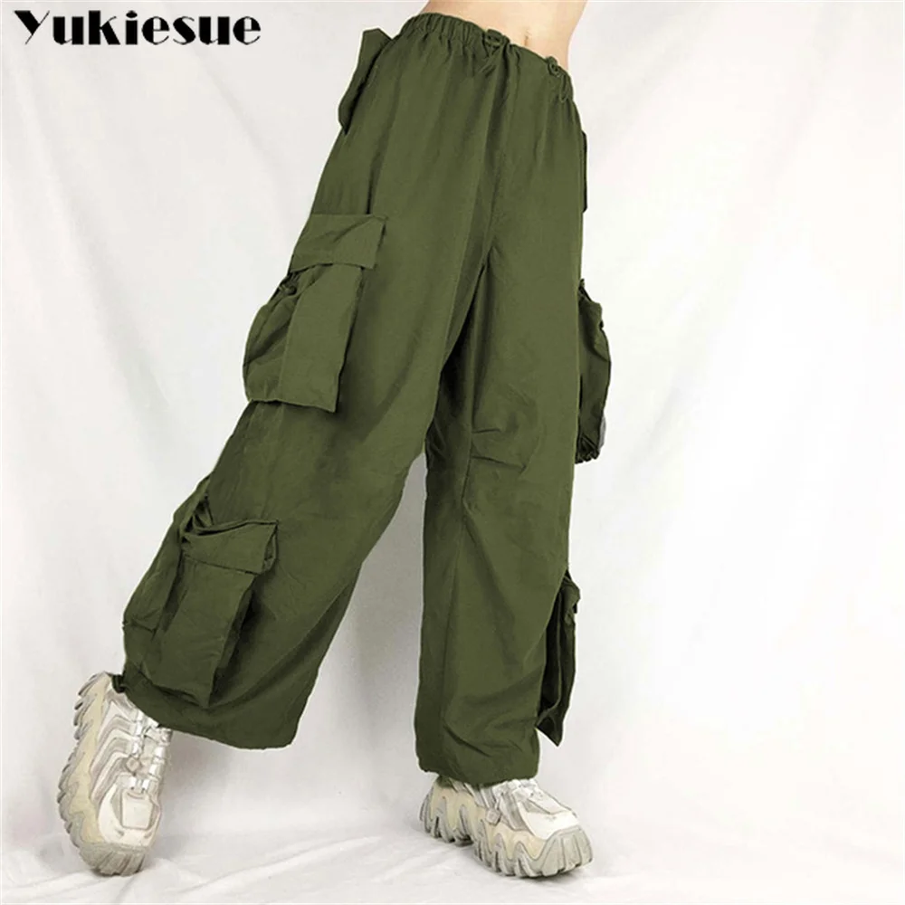 

harajuku summer high waist streetwear Women's wide leg Capris cargo pants for women baggy big pockets pants woman trousers green