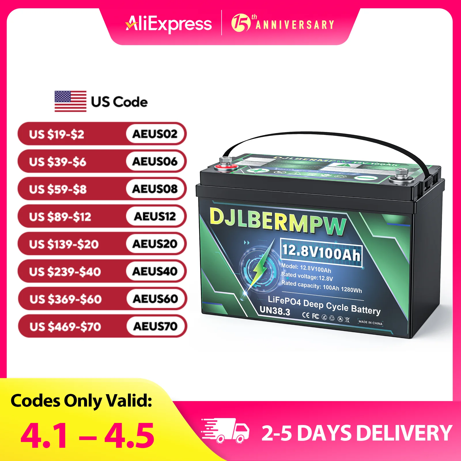 DJLBERMPW 12V 100Ah LiFePO4 Battery Lithium Iron Phosphate Batteries in 100A BMS for Marine Trolling Motor RV Solar Golf Carts