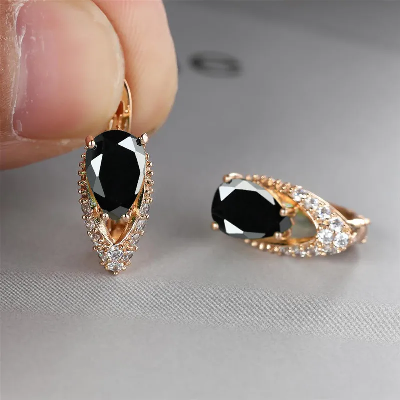 Cute Female Black Zircon Stone Clip Earrings Boho Gold Color Rainbow Crystal Wedding Jewelry For Women ear clip earrings,clip earrings,ear clip,ear accessories