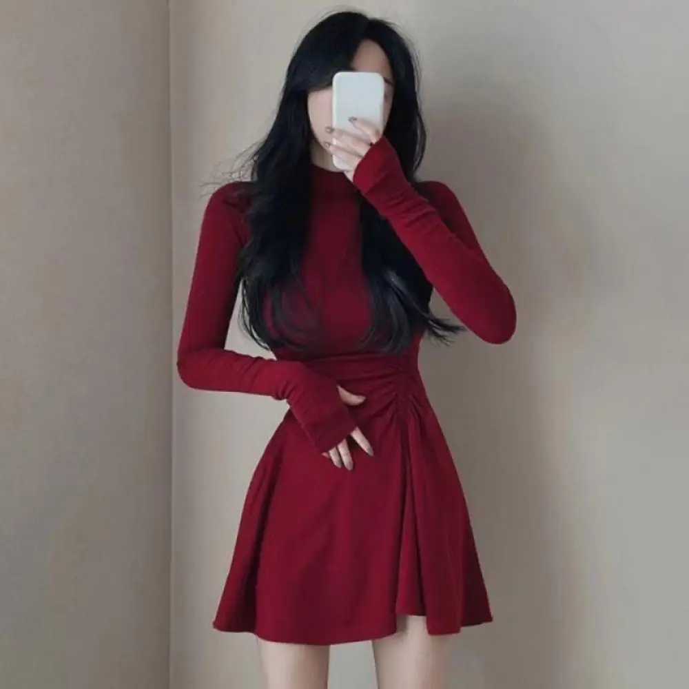 Sweet Long Sleeved Christmas Red Dress A-line Short Skirt Girls Irregular Dress Half High Collar Pleated Slim Thin Dress Party
