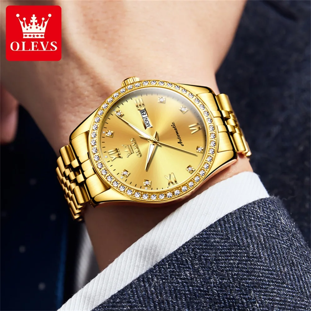 OLEVS 7012 Man Automatic Watch Dual Calendar Diamond Scale Mechanical Watch For Men Luxury Waterproof Luminous Dress Wristwatch