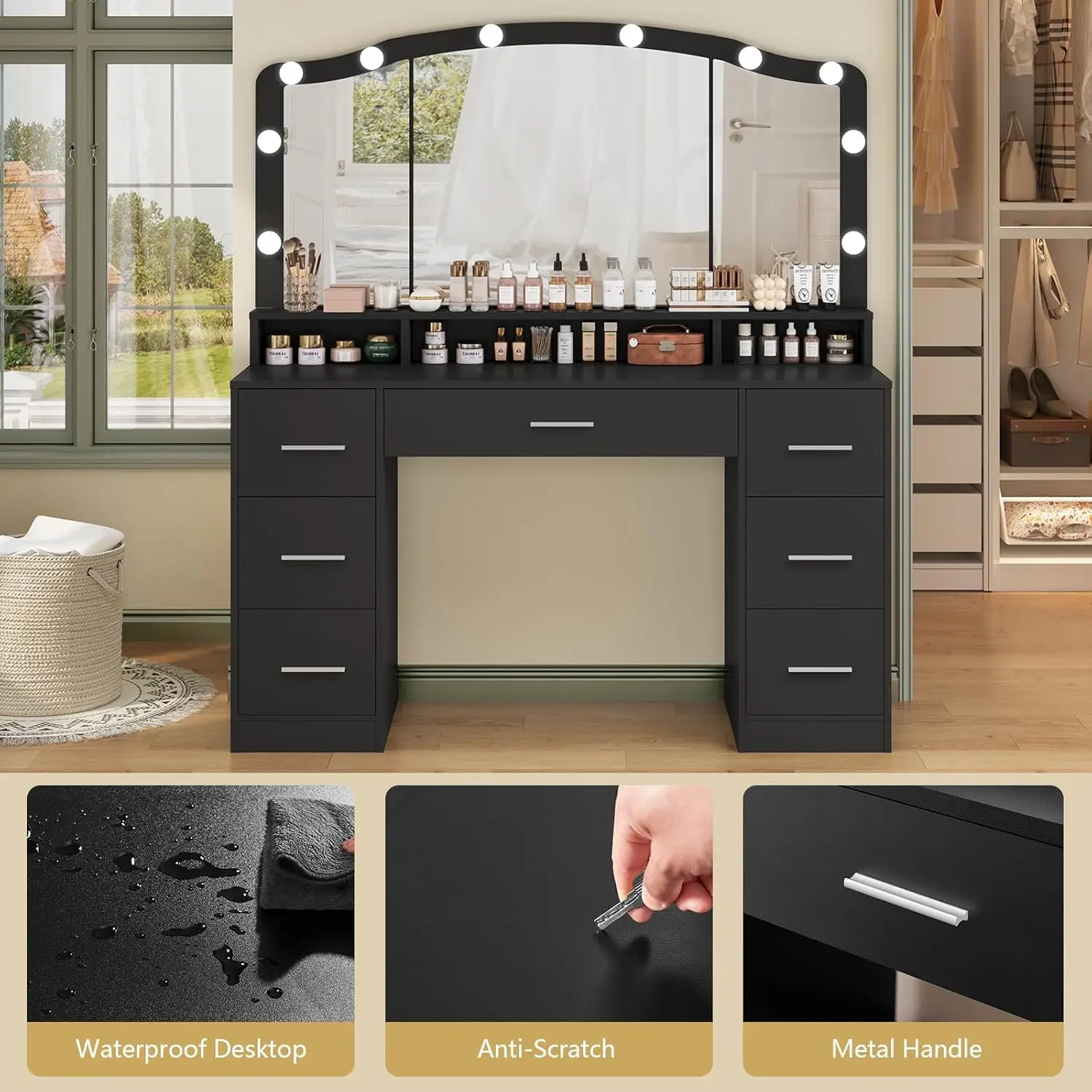 43.3" Vanity Desk with Large Lighted Mirror Makeup Vanity Table with 7 Drawers & 10 Lights Bulbs 3 Lighting Colors Make Vanity