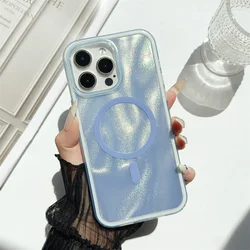 Glitter Water Ripple Dazzling Aurora MagSafe Phone Case with Wireless Charging Laser Cover - iPhone 16 (Blue)