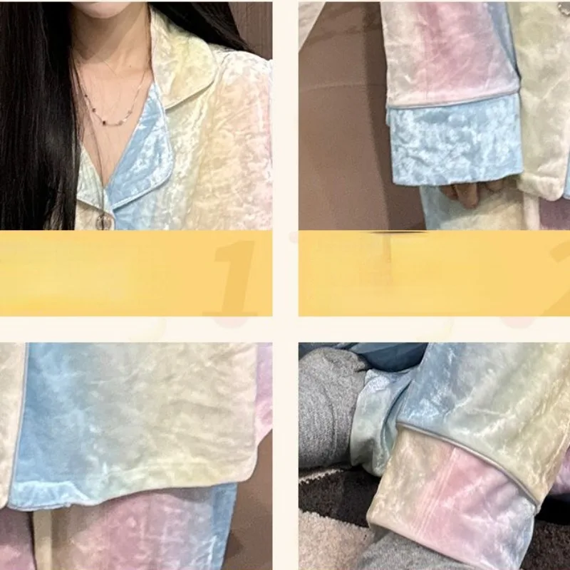 2024 New Golden Velvet Pajamas Women's Spring Autumn Sleepwear Long Sleeved Loose Homewear Set V-neck Sweet Loungewear Suit