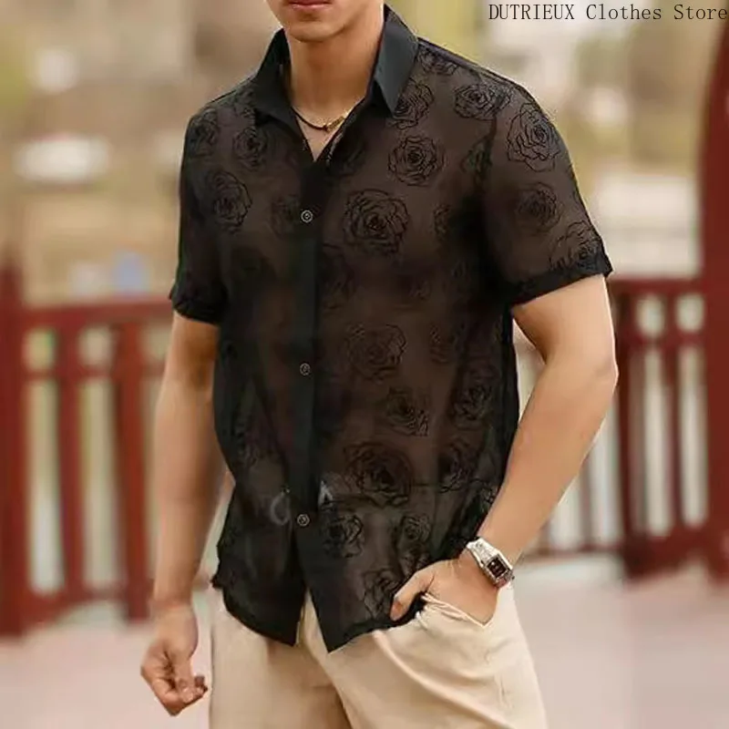 Camicia a maniche corte in pizzo moda uomo primavera/estate Party Club Camicia trasparente scavata sexy Abbigliamento da uomo casual da strada - immagine 5