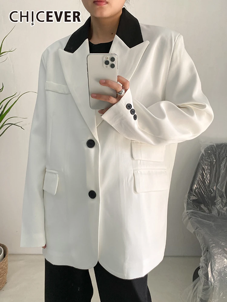 

CHICEVER Colorblock Blazers For Women Notched Collar Long Sleeve Spliced Button Loose Folds Straight Autumn Blazer Female 2023