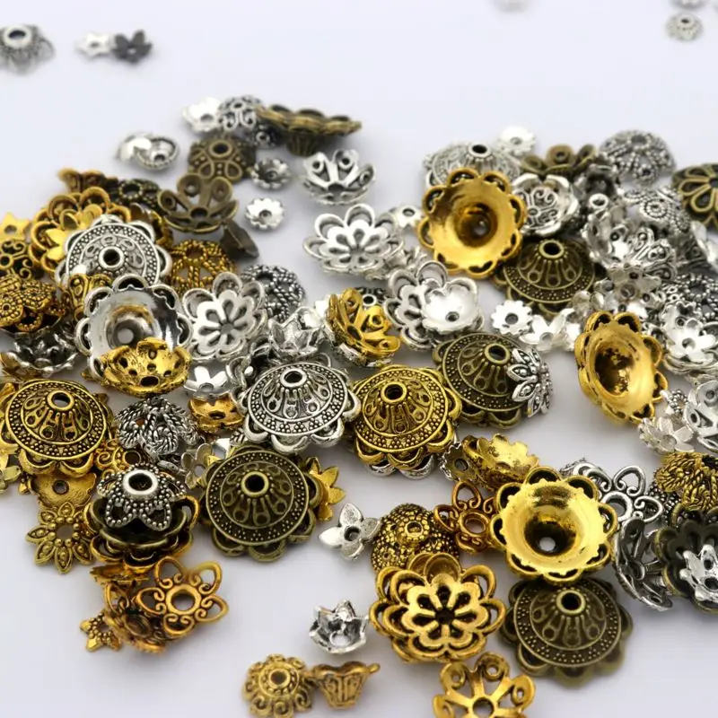 150 Stück gemischte tibetische Gold-Silber-Vintage-lose Spacer-Metallperlenkappen für Schmuckherstellung, DIY-Zubehör, Großhandelsversorgung