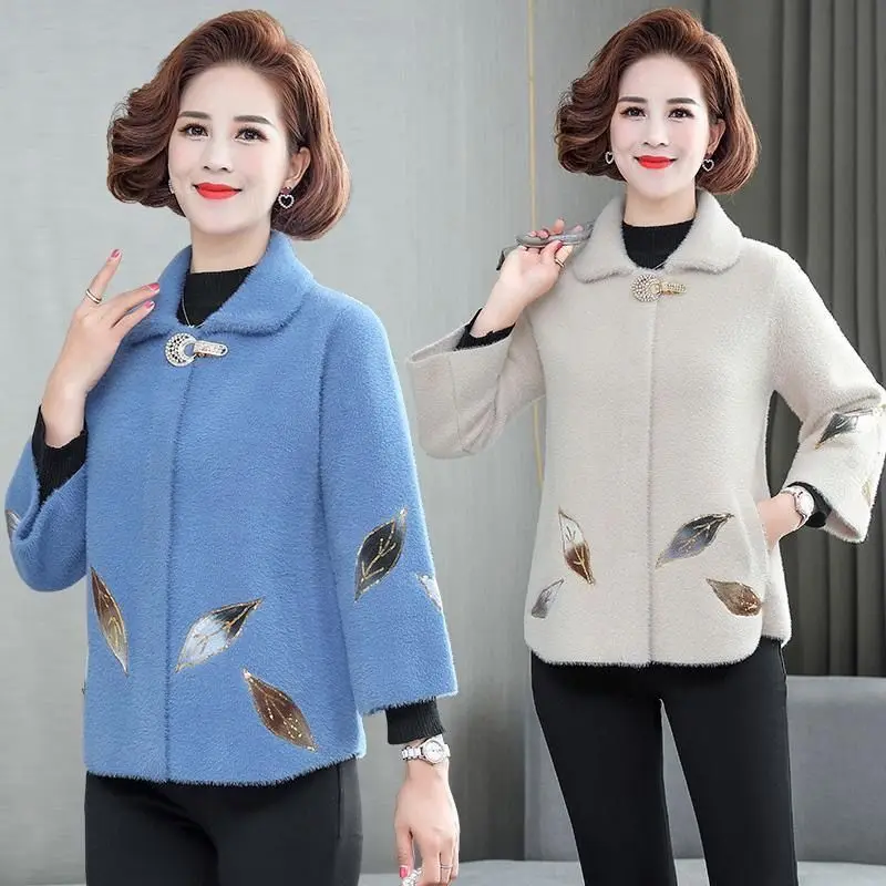 

Mother Winter Jacket 2023 New Elegant Imitation Mink Velvet Sweater Coat Fashion Short Cashmere Knitted Cardigan for Woman V04