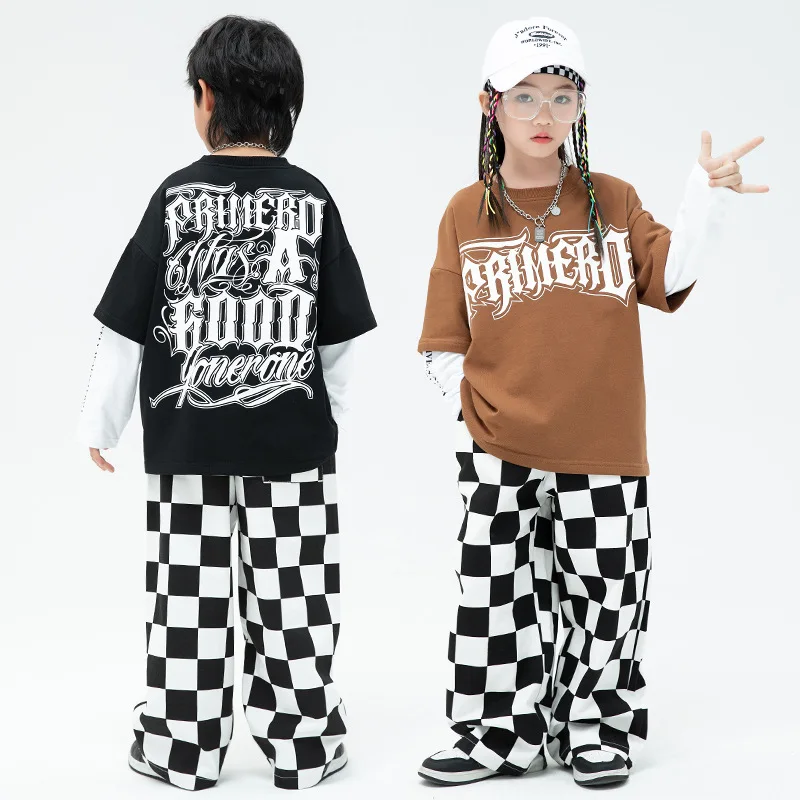 

Kid Hip Hop Clothing Black Brown Print Sweatshirt Top Checkered Casual Wide Baggy Pants for Girl Boy Jazz Dance Costume Clothes