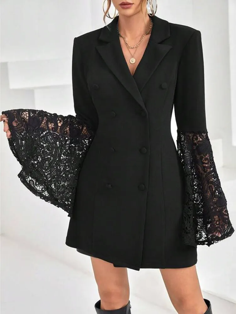 TWOTWINSTYLE Solid Spliced Lace Blazers For Women Notched Collar Flare Sleeve Patchwork Double Breasted Chic Blazer Female Style
