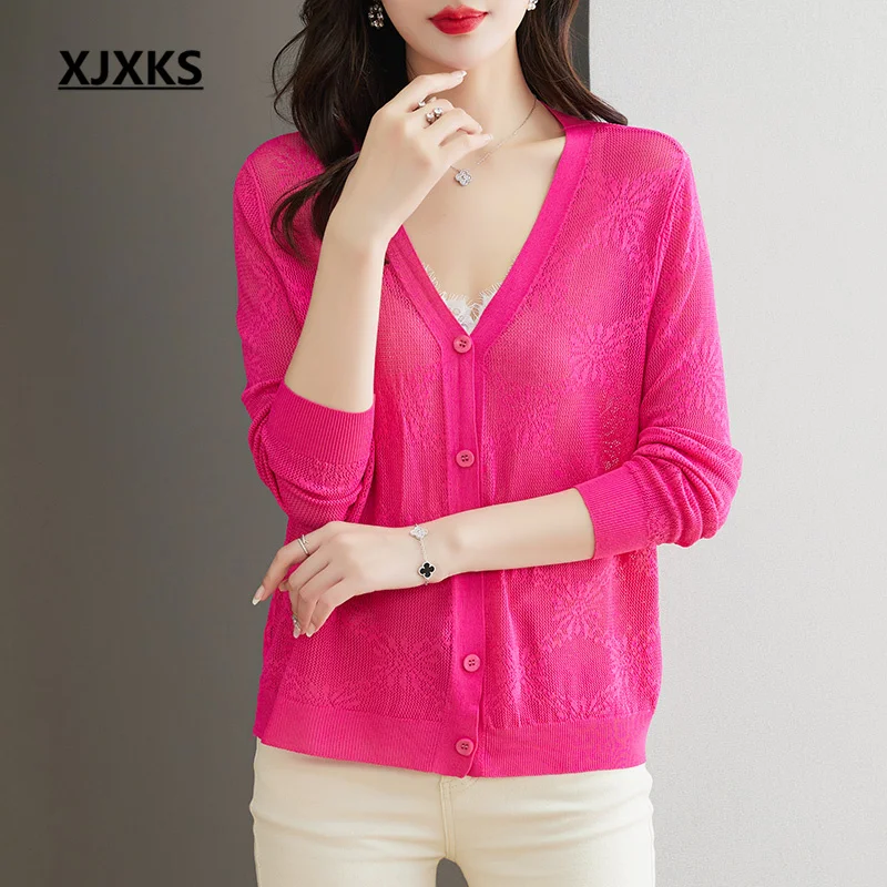 

XJXKS 2023 Spring Summer Autumn New High Quality Ice Silk Linen Sun Protection Jacket Women's Thin Sweater Coat