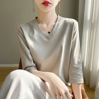 Spring And Summer New White Mercerized Cotton Cropped Sleeve T-shirt Feminine Joker 100% Cotton Bottoming Shirt Half Sleeve - Image 4