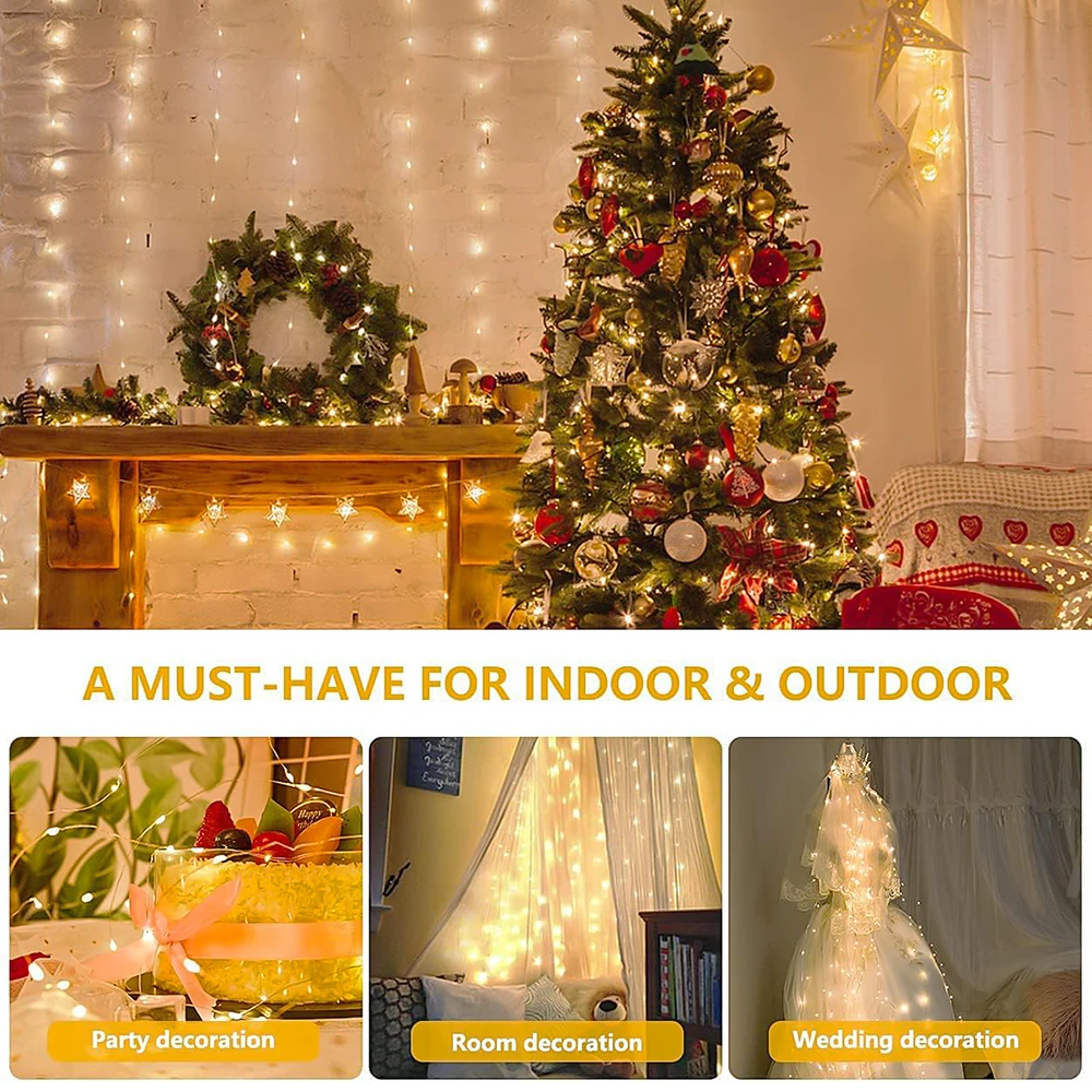 Decorative Lights Outdoor Solar Curtain 300LED Waterproof String Lights Garden Yard Pavilion Fairy Garland Holiday