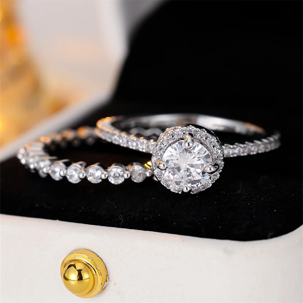 2pcs/Set Round Stone White Zircon Ring Sets For Women Vintage Silver Color Engagement Bands Wedding Jewelry Set Versatile Gifts