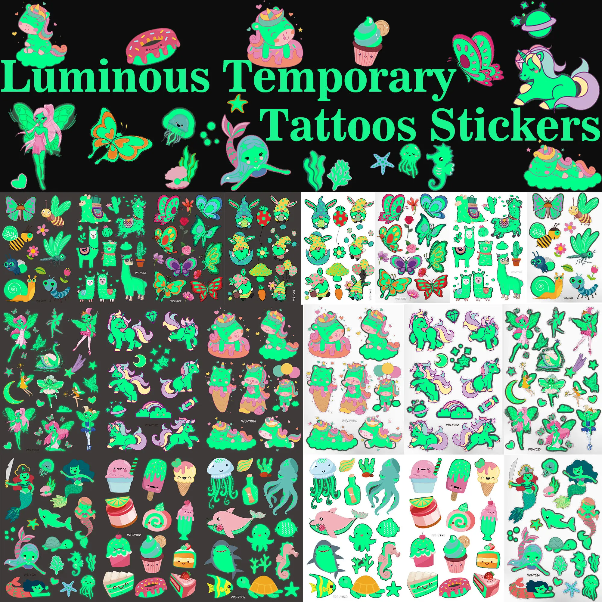 

Glow In Dark Unicorn Temporary Tattoos For Girls Teens Luminous Mermaid Butterfly Fake Tattoo Sticker Boys Ocean Whale Tatoos 3D