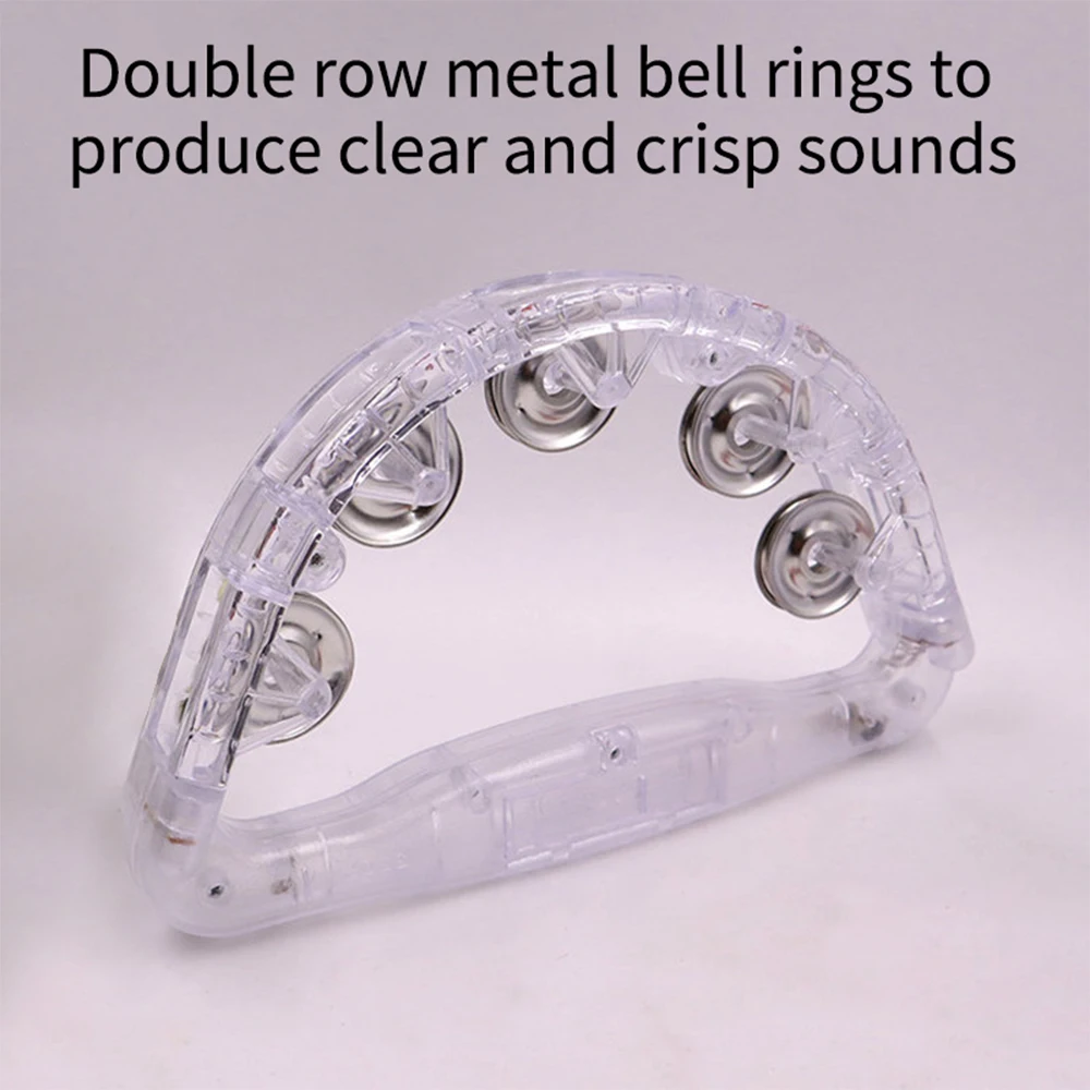 Colorful LED Hand Bells Double Row Handheld Tambourine Metal Jingles with 3 Lighting Modes Switchable Hand Held Plastic Musical