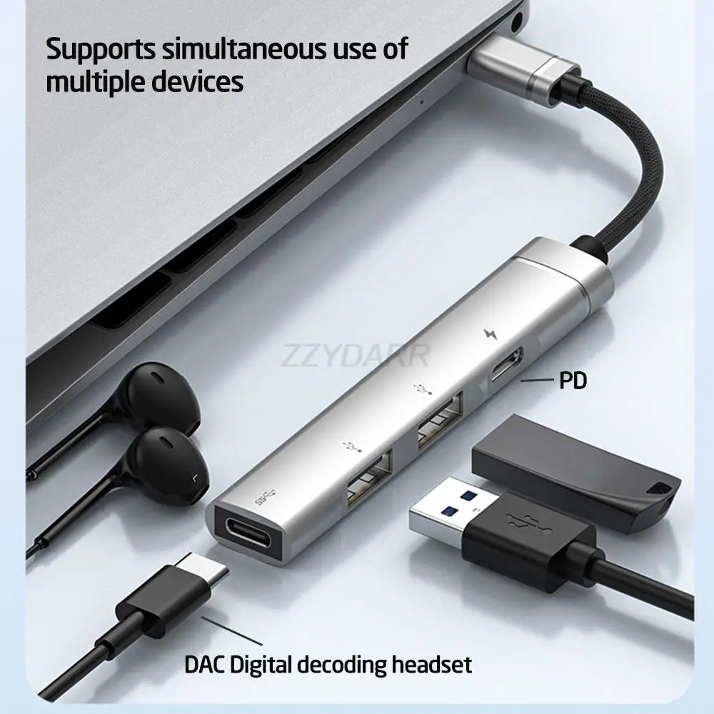 Type C Hub 4 Ports USB C Hub with 3.5mm Audio Jack 60W Power Delivery USB-A Data Ports to USB Splitter for MacBook iPhone15/16