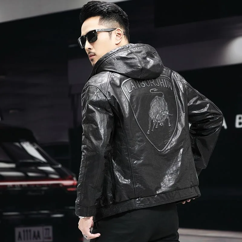 

2023 New Faux Leather Mixed Artificial Leather Men Short Hood Biker Leather Jacket Youth Fashion Handsome SlimFit Printed Jacket