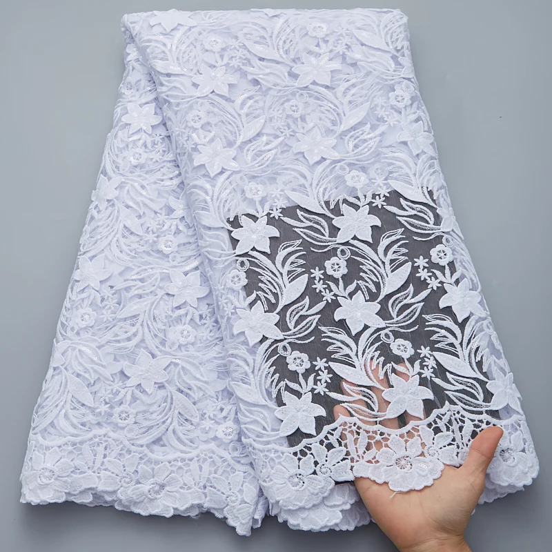 

White African 3D Flower Lace Fabric With Sequins Embroidery Nigerian French Mesh Tulle Lace Fabrics For Party Dress Y2783