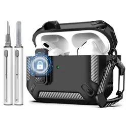 Secure Lock Shockproof Hard Shell Protective Earphone Case with Cleaning Pen - AirPods Pro 3 (Black)