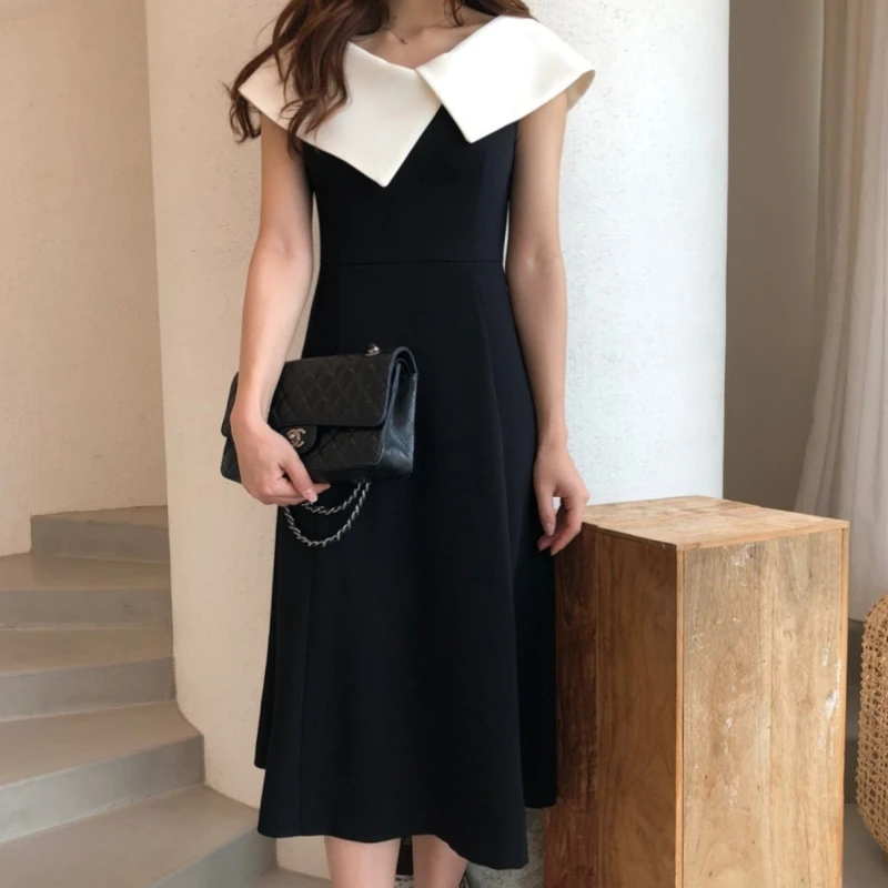 

Big Collar Patchwork A A Line Dress Midi Black Vestidos Verano 2022 Elegant Office Korean Style Women Retro Robe De Soiree