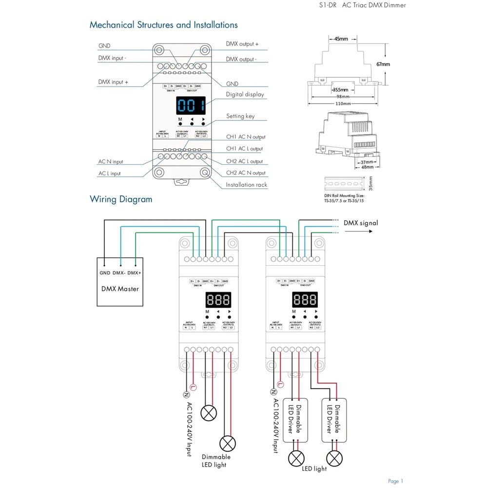 LED DMX용 ABNR 트라이악 디머, DMX 디머 2채널 출력 DMX512 디머 2채널x 1.5A AC 페이즈컷 디머