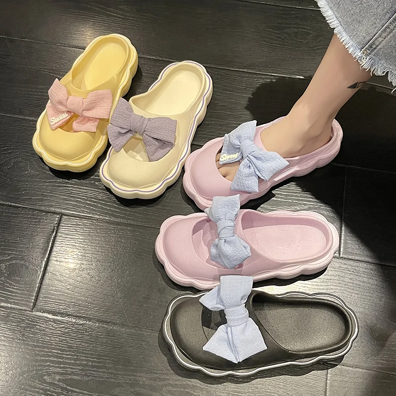 

Cover Toe Slippers Women Summer Luxury Slides Butterfly-Knot Sliders Shoes Low Shale Female Beach Pantofle Designer Rubber Sabot