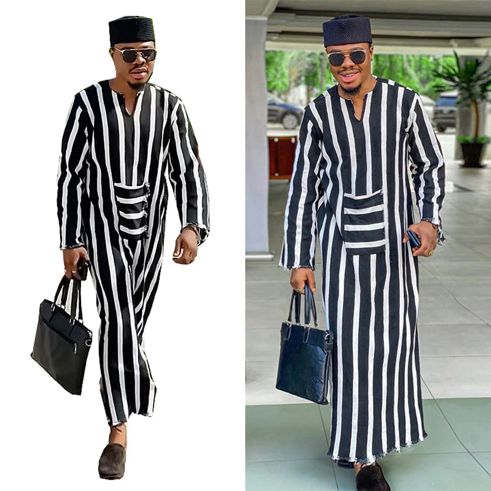 

Mens Striped Jubba Kaftan Thobe-Saudi Arab Muslim Long-Sleeve Long Dress Robe