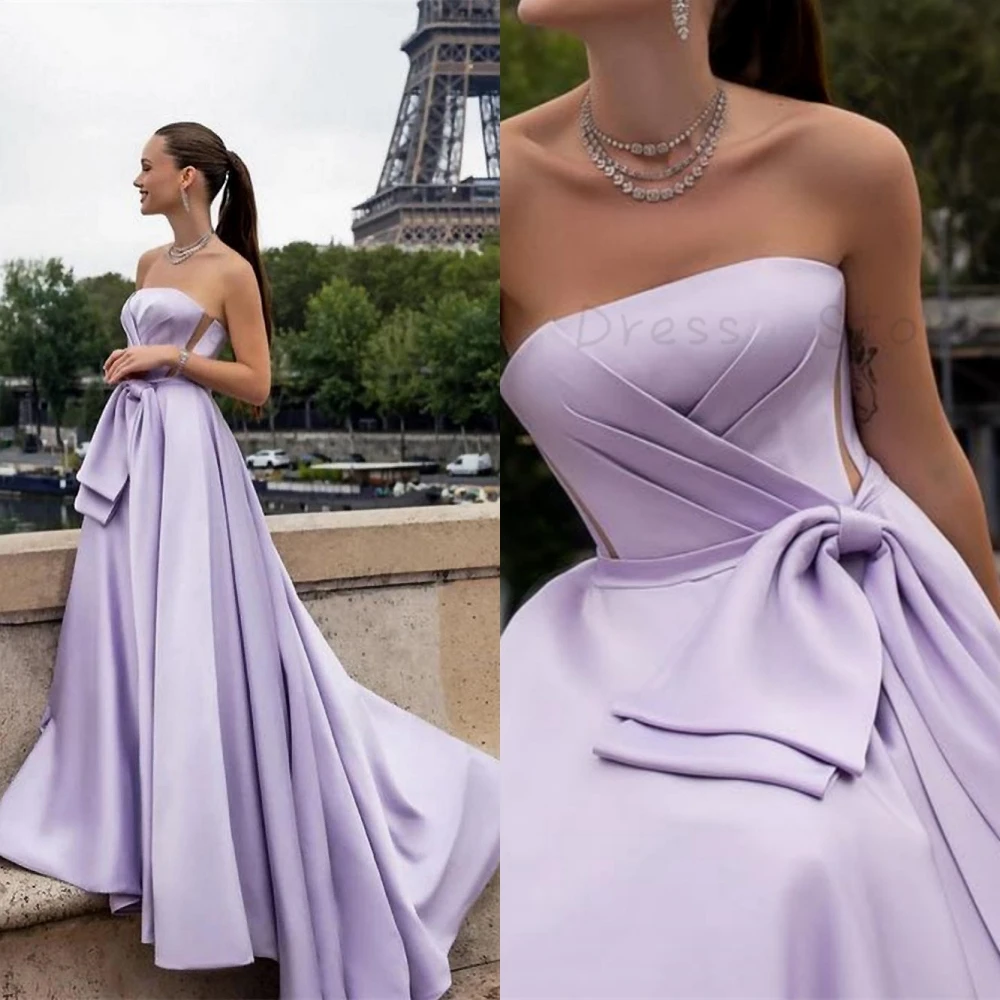 

Lilac Satin Strapless Elegant Party Dresses for Women 2023 Floor Length Empire A-Line Evening Gown Sleeveless فساتين الحفلات