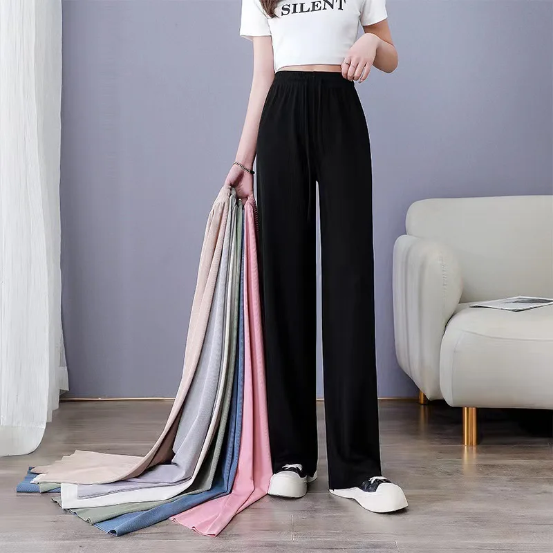 Women Black Ice Silk Wide Leg Pants Summer