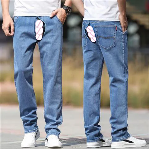 Open Outdoor Sex Pants Summer Light Blue Jeans Men's Straight Loose Thin Stretch Casual Trousers Denim Cargo Y2k Streetwear Men