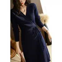 Autumn V-neck Irregular Waist Tied Knit Sweater Women Mid to Long Cardigan Loose Slimming Style Elegant and Socialite Jacket 1