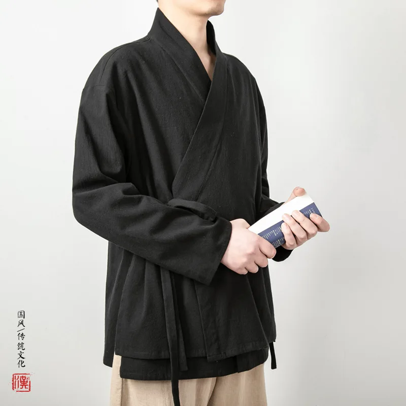 Spring Men Linen Shirt Jacket Men Fake Two-Layer Shirt Vintage Chinese Style Long Sleeve Shirts Male Open Stitch Hanfu