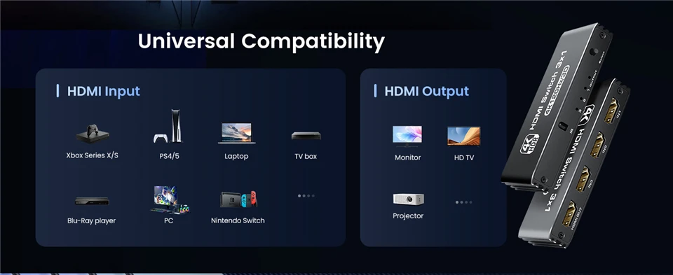 HDMI 2.1 Switcher 8K 60Hz 4K120Hz HDMI-compatible Switch 3 in 1 Out with Remote