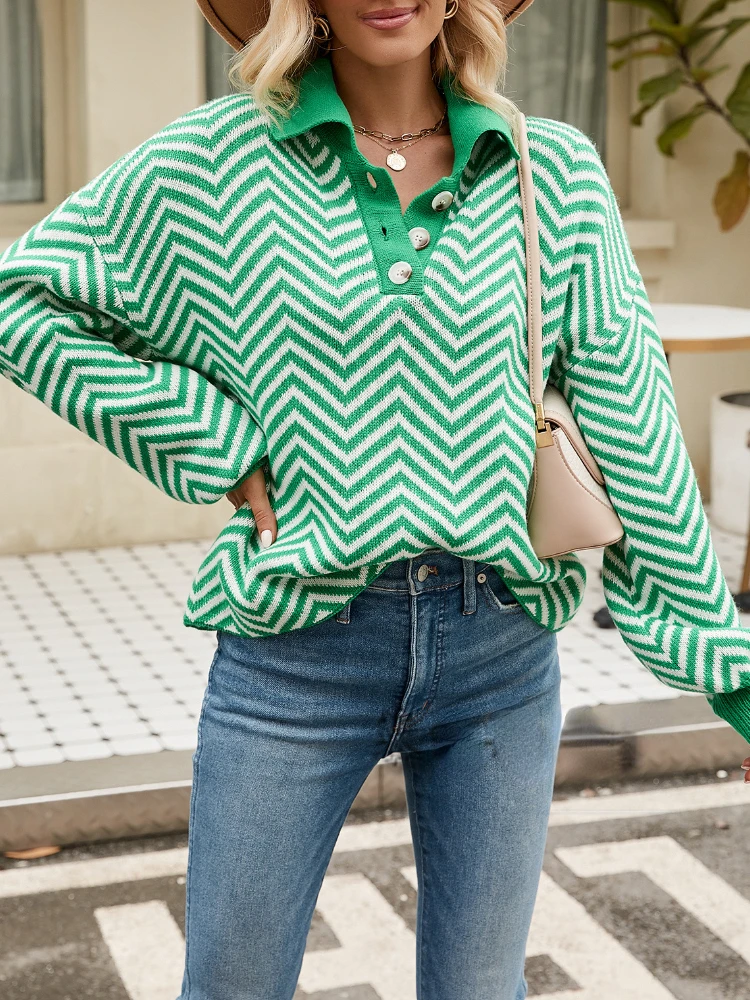 

Top Women Autumn Winter New In Fashion Stripe Loose Knitwear Pullover Long Sleeve Colored Polo Sweater Lady Striped Sweater Tops