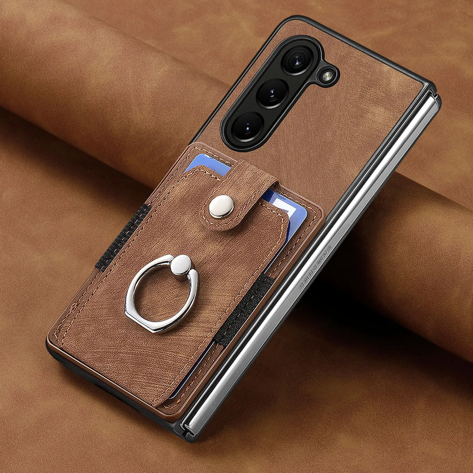 Retro Artificial Leather Wallet Phone Case with Ring Holder for Samsung Galaxy Z Fold 7 6 5 4 3 Fold7 Fold6 5G Card Slot Cover | Gaffar India