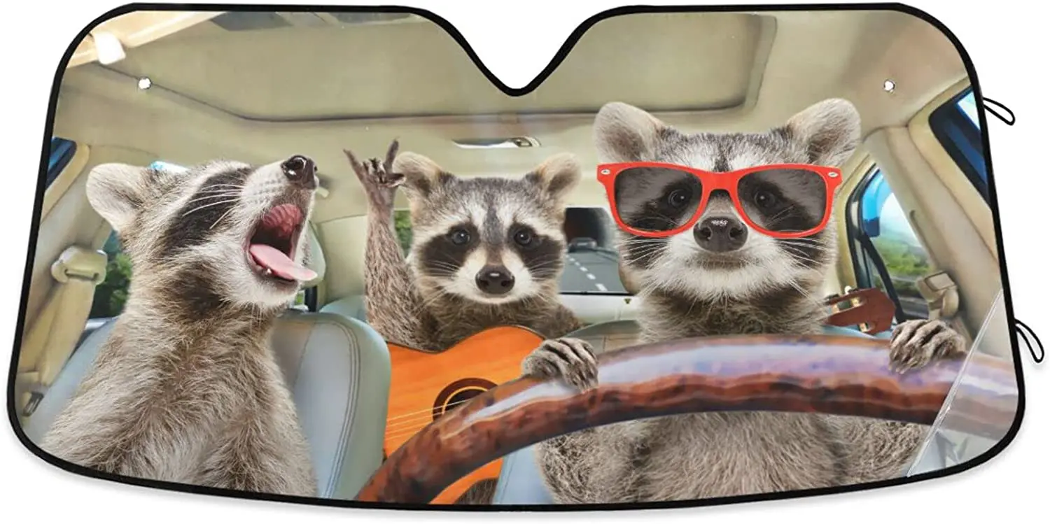 

Funny Raccoon Driving Car Windshield Sunshade, Auto Sun Visor for Car Front Window Foldable Sun Shield Cover Blocks UV Rays Heat