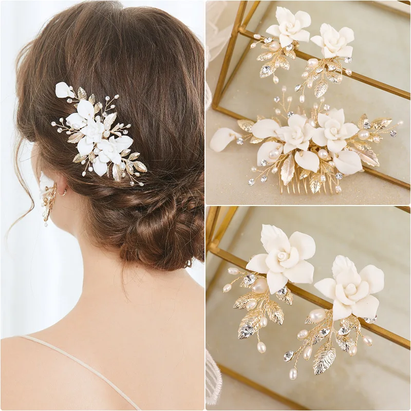 

SLBRIDAL Handmade Crystal Rhinestones Pearls Ceramic Flower Bridal Hair Comb Earring Set Wedding Women Bridesmaids Hair Jewelry