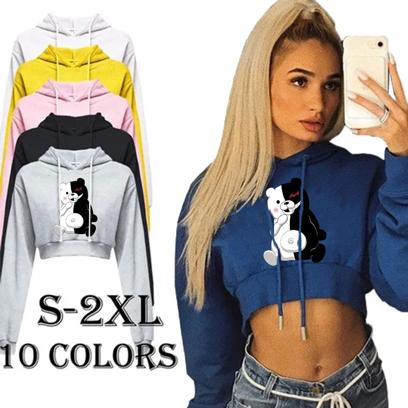 Women Y2k Bear print Crop Top Hoodie Casual Long Sleeve Hooded Short Sweatshirt Sexy Printed Crop Sweaters 10 Colors