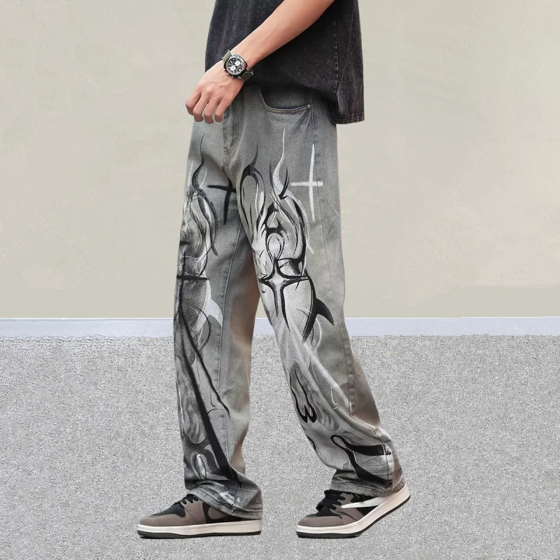 2026 Cyber Y2K Style Flammen-Graffiti Distressed Blaue Baggy Jeans für Herren – Neue Rock Dark Streetwear Denim-Hose – Detail 7
