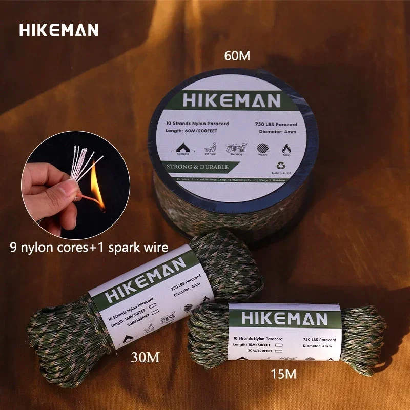 HIKEMAN Military 750 Paracord Tactical Camping Lanyard Hiking Survival Nylon Rope Parachute Cord 15/30M-paracord rope,outdoor accessories