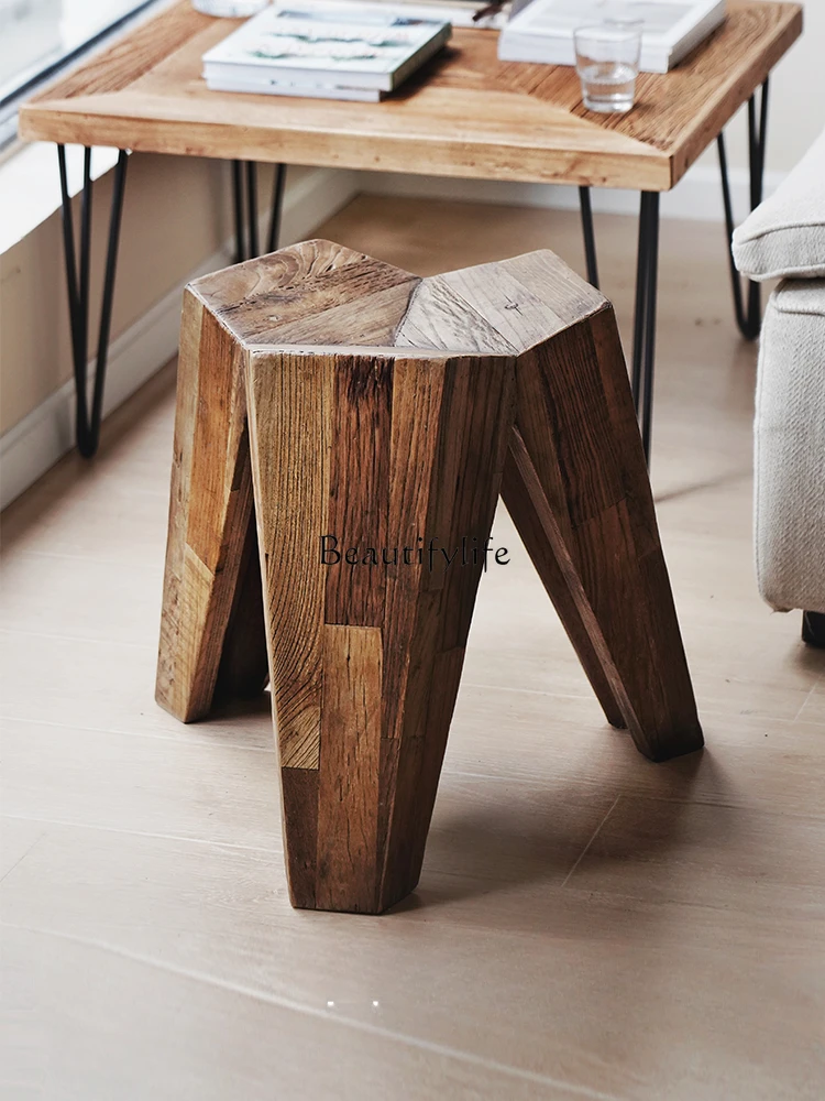 

Old Elm Low Stool Home Living Room Sofa Side Table Silent Style Log Shoe Changing Stool