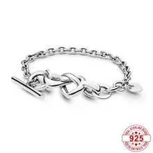 

925 Sterling Silver Women Sparkling Knotted Heart T-Bar Heart Clasp Charming Chain Bracelet Fits Pandora DIY Jewelry Gifts