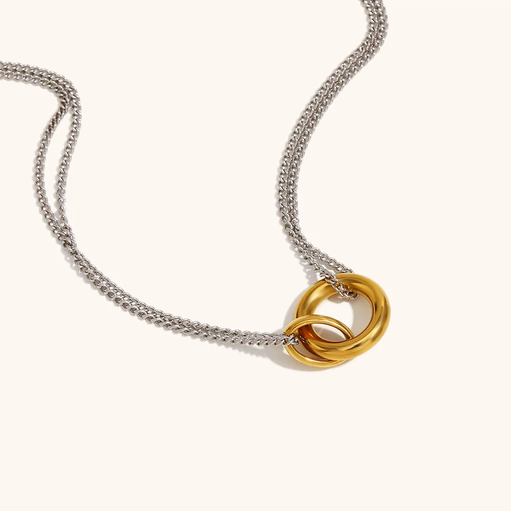 Retro Two-color 18K Gold Plated Circle Ring Choker Neckalce for Women Minimalist Charm Waterproof Double Chain Neck Jewelry Gift