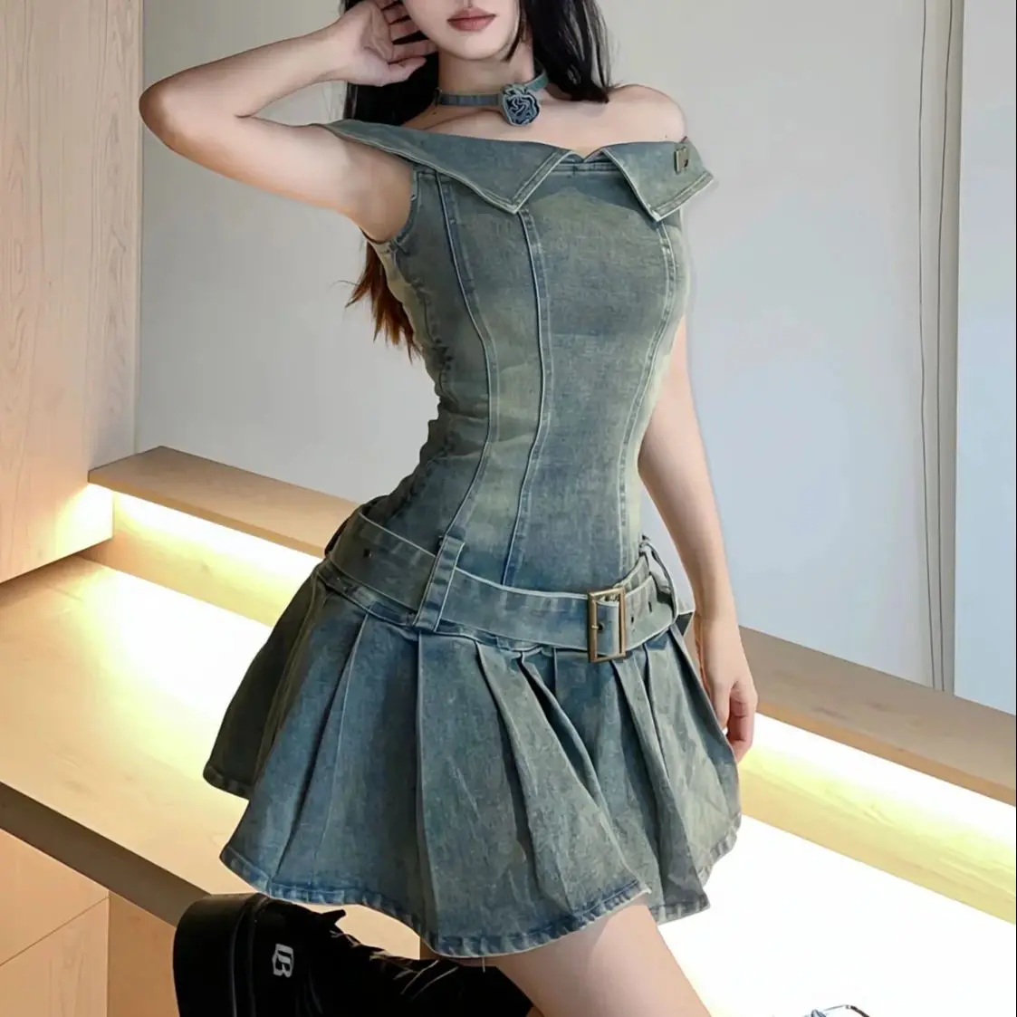 

Denim Mini Dress Slash Neck Off The Shoulder Belt Streetwear Women Sexy Slim Korean Fashion Vintage Pleated Dresses Summer