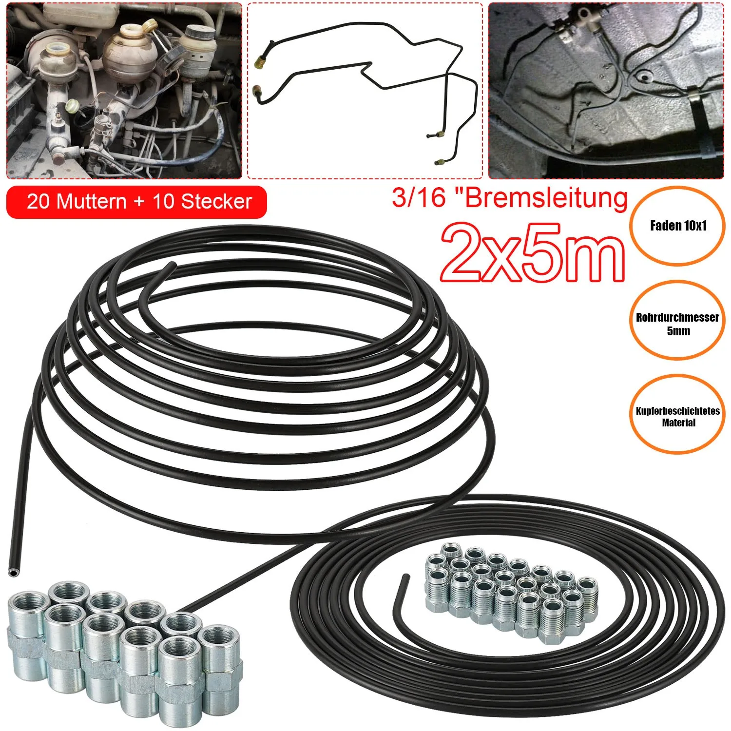 Set Brake Line Kits 5m 3/16" 4.75mm Steel Plated PVF Brake Pipe Hose Line Piping Tube Tubing Anti-rust Replacement Parts